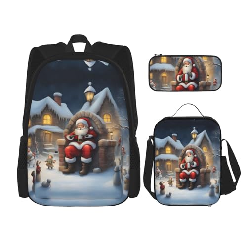 YANDM Drei Sonnenblumen auf Holzrucksack, 3-teiliges Set, Reisen, Wandern, leicht, Laptop-Federmäppchen, isolierte Lunchtasche für Damen, Weihnachtsmann Snow Secenry, Einheitsgröße von YANDM