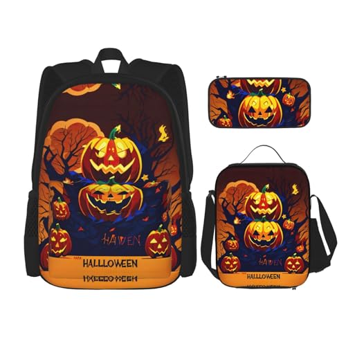 YANDM Hockey-Sport-Rucksack, 3-teiliges Set, Reisen, Wandern, leicht, Laptop-Federmäppchen, isolierte Lunchtasche für Damen, Halloween Kürbis, Einheitsgröße von YANDM