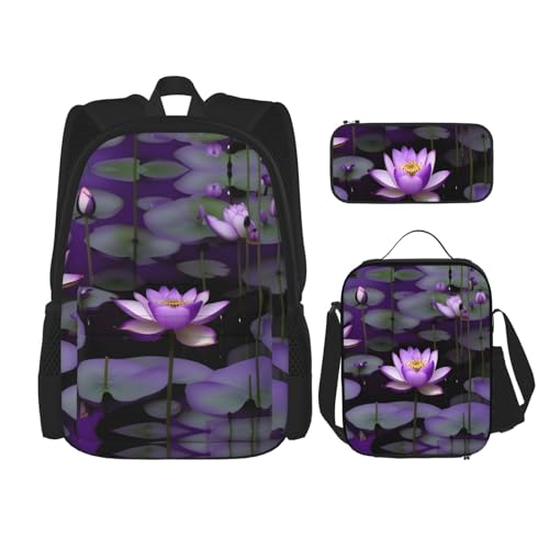 YANDM Lovely Husky Rucksack, 3-teiliges Set, Reisen, Wandern, leicht, Laptop-Federmäppchen, isolierte Lunchtasche für Damen, Lotusblüte lila, Einheitsgröße von YANDM