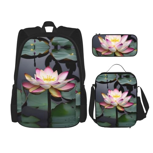 YANDM Lovely Husky Rucksack, 3-teiliges Set, Reisen, Wandern, leicht, Laptop-Federmäppchen, isolierte Lunchtasche für Damen, Lotusblume, weiß, Einheitsgröße von YANDM