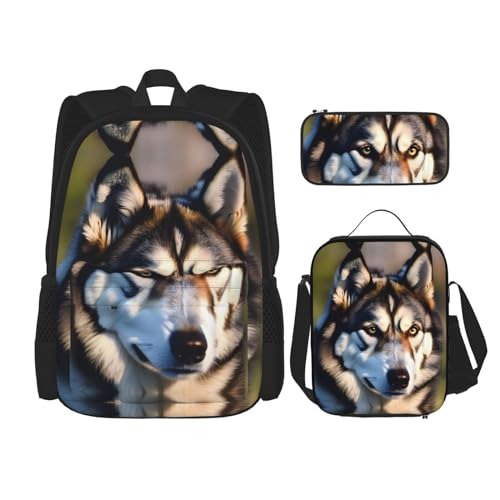 YANDM Lovely Husky Rucksack, 3-teiliges Set, Reisen, Wandern, leicht, Laptop-Federmäppchen, isolierte Lunchtasche für Damen, Schöne Husky., Einheitsgröße von YANDM