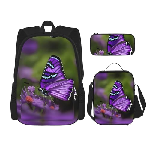 YANDM Magic E-Gitarren-Rucksack, 3-teiliges Set, Reisen, Wandern, leicht, Laptop-Federmäppchen, isolierte Lunchtasche für Damen, Schöner violetter Schmetterling, Einheitsgröße von YANDM