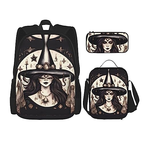 YANDM Many Blue Roses Rucksack, 3-teiliges Set, Reisen, Wandern, leicht, Laptop-Federmäppchen, isolierte Lunchtasche für Damen, Magic Witch Witchcraft Bohemian, Einheitsgröße von YANDM