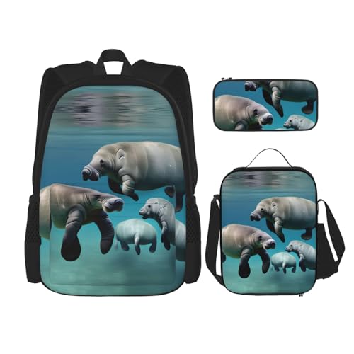 YANDM Many Blue Roses Rucksack, 3-teiliges Set, Reisen, Wandern, leicht, Laptop-Federmäppchen, isolierte Lunchtasche für Damen, Manatee Animals, Einheitsgröße von YANDM