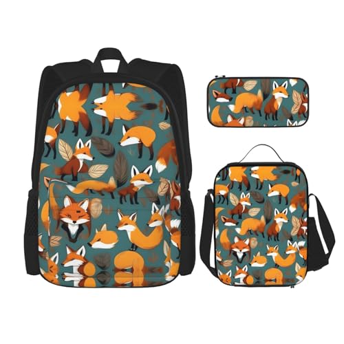 YANDM Many Foxes Rucksack, 3-teiliges Set, Reisen, Wandern, leicht, Laptop-Federmäppchen, isolierte Lunchtasche für Damen, Aufdruck "Many Foxes", Einheitsgröße von YANDM