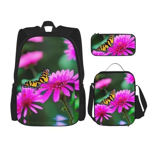 YANDM Meerjungfrauenschwanz-Rucksack, 3-teiliges Set, Reisen, Wandern, leicht, Laptop-Federmäppchen, isolierte Lunchtasche für Damen, Blumen Bunte Schmetterlinge, Einheitsgröße von YANDM