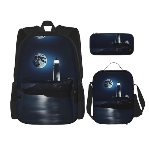 YANDM Moonlight Leuchtturm-Rucksack, 3-teiliges Set, Reisen, Wandern, leicht, Laptop-Federmäppchen, isolierte Lunchtasche für Damen, Mondlicht Leuchtturm, Einheitsgröße von YANDM