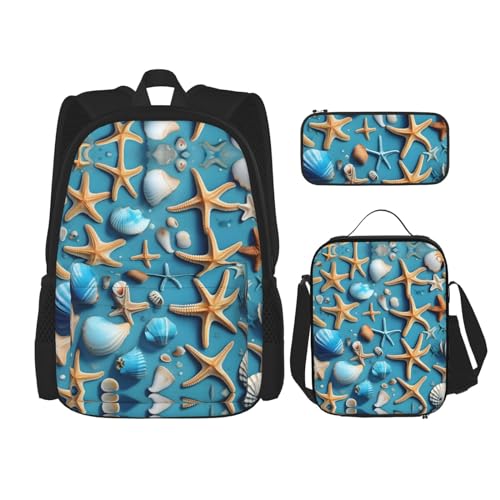 YANDM Octopus Rucksack, Violett, 3-teiliges Set, Reisen, Wandern, leicht, Laptop-Federmäppchen, isolierte Lunchtasche für Damen, Ocean Sea Beach Muscheln Seestern Blau, Einheitsgröße von YANDM