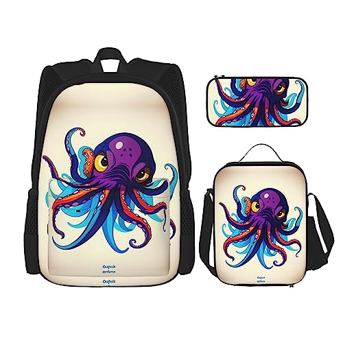 YANDM Octopus Rucksack, Violett, 3-teiliges Set, Reisen, Wandern, leicht, Laptop-Federmäppchen, isolierte Lunchtasche für Damen, Octopus Purple, Einheitsgröße von YANDM