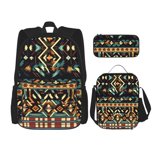 YANDM Rucksack, Motiv: Himmel und Sterne, 3-teiliges Set, für Reisen, Wandern, leicht, Laptop-Federmäppchen, isolierte Lunchtasche für Damen, Indianerische Muster, Einheitsgröße von YANDM