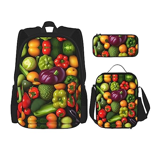 YANDM Rucksack mit Gänseblümchen-Motiv, 3-teiliges Set, für Reisen, Wandern, leicht, Laptop-Federmäppchen, isolierte Lunchtasche für Damen, Weiß / Blau, Gemüsefrüchte, Einheitsgröße von YANDM