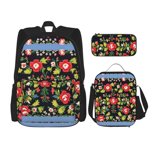 YANDM Rucksack mit Gänseblümchen-Motiv, 3-teiliges Set, für Reisen, Wandern, leicht, Laptop-Federmäppchen, isolierte Lunchtasche für Damen, Weiß / Blau, Ukrainische Stickerei Stil Rose, Einheitsgröße von YANDM