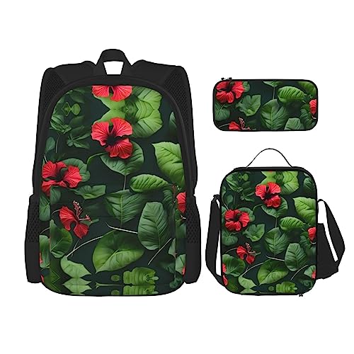 YANDM Rucksack mit Gänseblümchen-Motiv, 3-teiliges Set, für Reisen, Wandern, leicht, Laptop-Federmäppchen, isolierte Lunchtasche für Damen, Weiß / Blau, Vegetationsblätter mit Hibiskusblüten, von YANDM