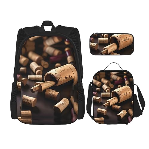 YANDM Rucksack mit Holzmaserung, 3-teiliges Set, Reisen, Wandern, leicht, Laptop-Federmäppchen, isolierte Lunchtasche für Damen, Korken für Weinflaschen, Einheitsgröße von YANDM