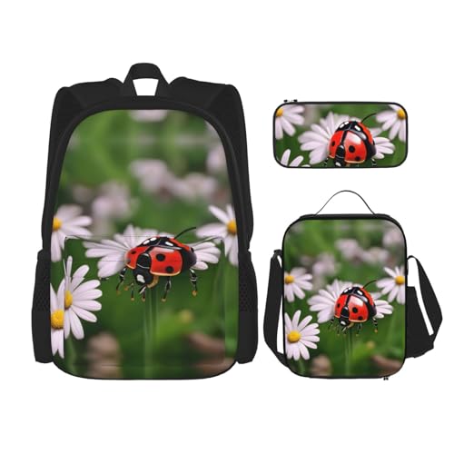 YANDM Rucksack mit Lavendelprägung, 3-teiliges Set, Reisen, Wandern, leicht, Laptop-Federmäppchen, isolierte Lunchtasche für Damen, Marienkäfer Gänseblümchen, Einheitsgröße von YANDM