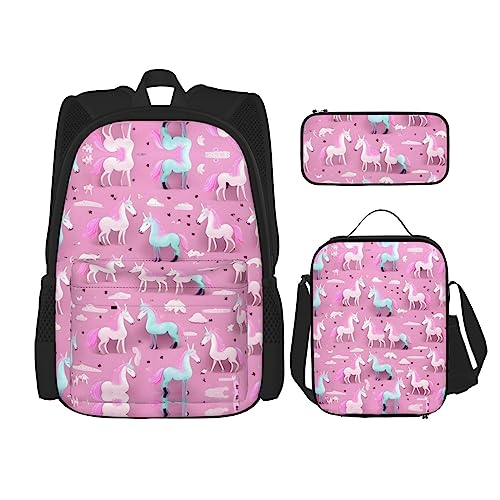 YANDM Rucksack mit Lotusblumen-Aufdruck, 3-teiliges Set, Reisen, Wandern, leicht, Laptop-Federmäppchen, isolierte Lunchtasche für Damen, Viele Einhörner rosa, Einheitsgröße von YANDM