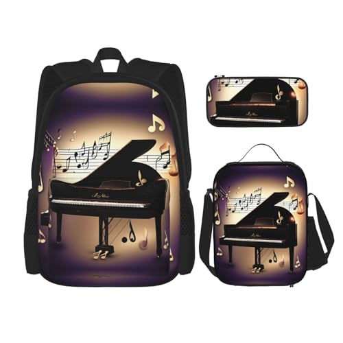 YANDM Rucksack mit Musiknoten-Druck, 3-teiliges Set, Reisen, Wandern, leicht, Laptop-Federmäppchen, isolierte Lunchtasche für Damen, Musiknoten-Klavier, Einheitsgröße von YANDM