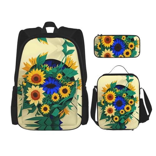 YANDM Rucksack mit Segelboot, Schiff, Landschaft, 3-teiliges Set, Reisen, Wandern, leicht, Laptop-Federmäppchen, isolierte Lunchtasche für Damen, Sonnenblumenmuster, Einheitsgröße von YANDM