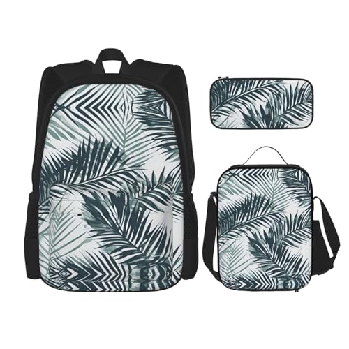 YANDM Rucksack mit Segelboot, Schiff, Landschaft, 3-teiliges Set, Reisen, Wandern, leicht, Laptop-Federmäppchen, isolierte Lunchtasche für Damen, Transparentes Palmblattmuster, Einheitsgröße von YANDM