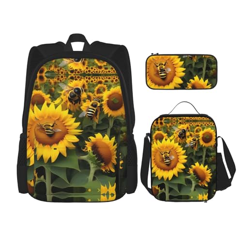 YANDM Rucksack mit Sonnenblumenmuster, 3-teiliges Set, Reisen, Wandern, leicht, Laptop-Federmäppchen, isolierte Lunchtasche für Damen, Sonnenblumenbienen, Einheitsgröße von YANDM