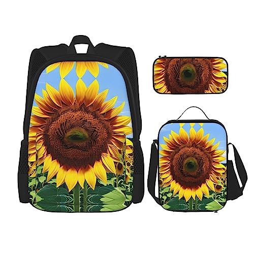 YANDM Rucksack mit Sonnenblumenmuster, 3-teiliges Set, Reisen, Wandern, leicht, Laptop-Federmäppchen, isolierte Lunchtasche für Damen, Sonnenblumenmuster, Einheitsgröße von YANDM