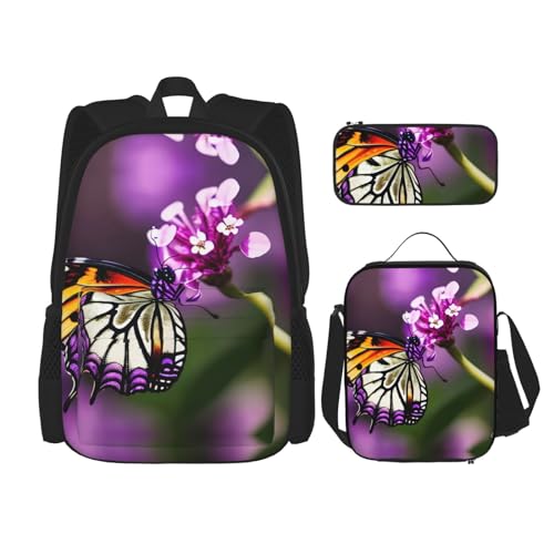 YANDM Rucksack mit Tier-Leopardenmuster, 3-teiliges Set, Reisen, Wandern, leicht, Laptop-Federmäppchen, isolierte Lunchtasche für Damen, Lila Pflaume Schmetterling, Einheitsgröße von YANDM