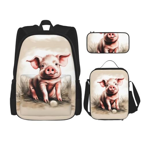 YANDM Rucksack mit Tier-Leopardenmuster, 3-teiliges Set, Reisen, Wandern, leicht, Laptop-Federmäppchen, isolierte Lunchtasche für Damen, Naughty Pig Baby, Einheitsgröße von YANDM