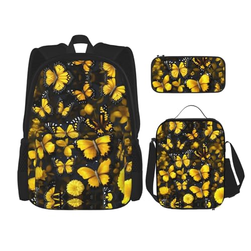 YANDM Rucksack mit Yin-Yang-Muster, 3-teiliges Set, Reisen, Wandern, leicht, Laptop-Federmäppchen, isolierte Lunchtasche für Damen, Gelbe Blumen und Schmetterlinge, Einheitsgröße von YANDM