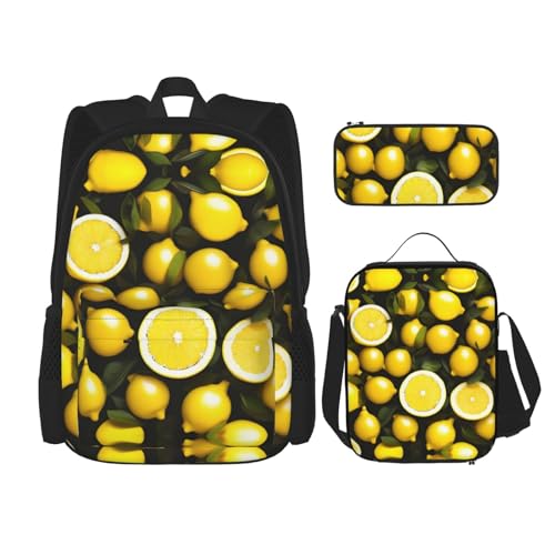 YANDM Rucksack mit Yin-Yang-Muster, 3-teiliges Set, Reisen, Wandern, leicht, Laptop-Federmäppchen, isolierte Lunchtasche für Damen, Gelbe Zitrone., Einheitsgröße von YANDM