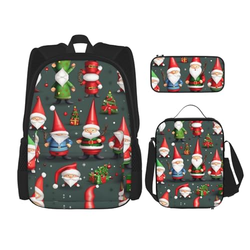 YANDM Rucksack mit Yin-Yang-Muster, 3-teiliges Set, Reisen, Wandern, leicht, Laptop-Federmäppchen, isolierte Lunchtasche für Damen, Lustige Weihnachtswichtel, Einheitsgröße von YANDM