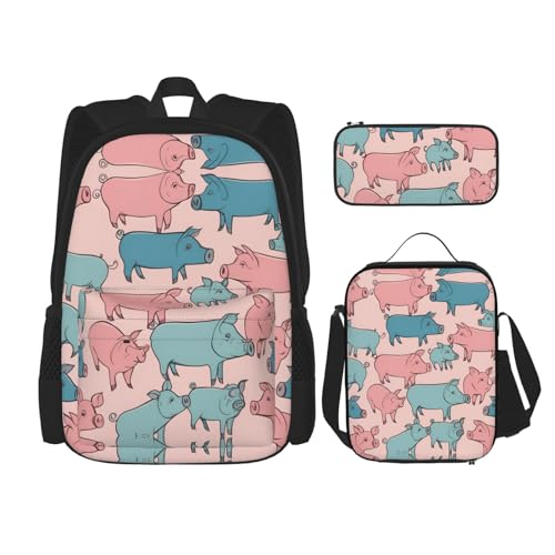 YANDM Rucksack mit niedlichem Schweinemuster, 3-teiliges Set, Reisen, Wandern, leicht, Laptop-Federmäppchen, isolierte Lunchtasche für Damen, Niedliches Schweinemuster., Einheitsgröße von YANDM