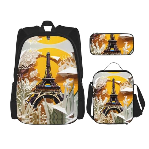 YANDM Rucksack mit rosa und weißen Blumen, 3-teiliges Set, Reisen, Wandern, leicht, Laptop-Federmäppchen, isolierte Lunchtasche für Damen, Paris Eiffelturm 2, Einheitsgröße von YANDM