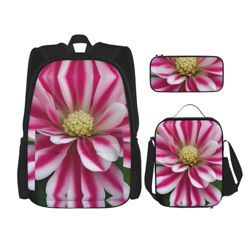 YANDM Rucksack mit rosa und weißen Blumen, 3-teiliges Set, Reisen, Wandern, leicht, Laptop-Federmäppchen, isolierte Lunchtasche für Damen, Rosa und weiße Blume, Einheitsgröße von YANDM