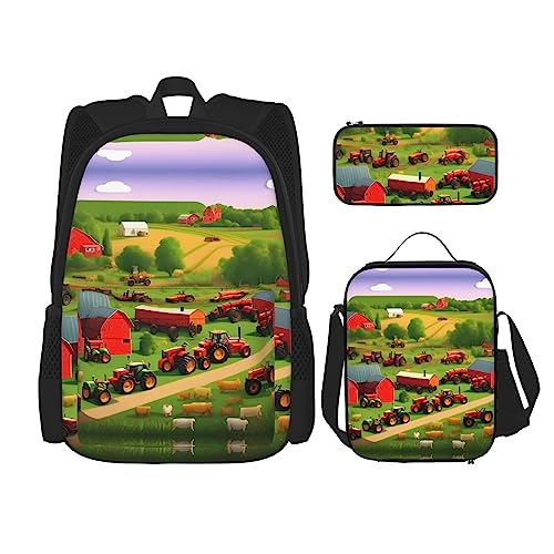 YANDM Rucksack mit tropischem Strand, Palme, Sonnenuntergang, 3-teiliges Set, Reisen, Wandern, leicht, Laptop-Federmäppchen, isolierte Lunchtasche für Damen, Traktor Farm, Einheitsgröße von YANDM