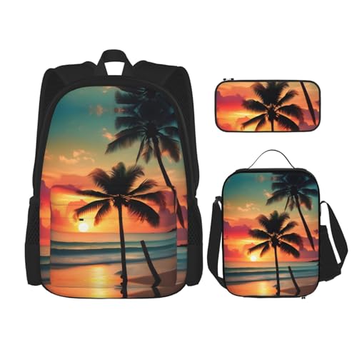 YANDM Rucksack mit tropischem Strand, Palme, Sonnenuntergang, 3-teiliges Set, Reisen, Wandern, leicht, Laptop-Federmäppchen, isolierte Lunchtasche für Damen, Tropische Strandpalme, Einheitsgröße von YANDM