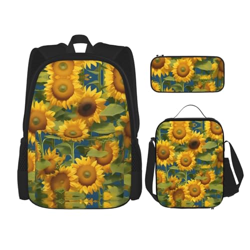 YANDM Sommer-Sonnenblumen-Rucksack, 3-teiliges Set, Reisen, Wandern, leicht, Laptop-Federmäppchen, isolierte Lunchtasche für Damen, Sommer Sonnenblume, Einheitsgröße von YANDM