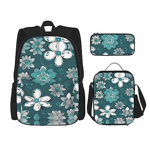 YANDM The Underwater World Rucksack mit tropischen Fischen, 3-teiliges Set, Reisen, Wandern, leicht, Laptop-Federmäppchen, isolierte Lunchtasche für Damen, Blaugrün und weiß geblümt, Einheitsgröße von YANDM