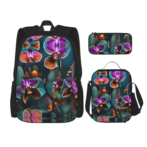 YANDM The Underwater World Rucksack mit tropischen Fischen, 3-teiliges Set, Reisen, Wandern, leicht, Laptop-Federmäppchen, isolierte Lunchtasche für Damen, Orchidee in Blaugrün und Orange, von YANDM