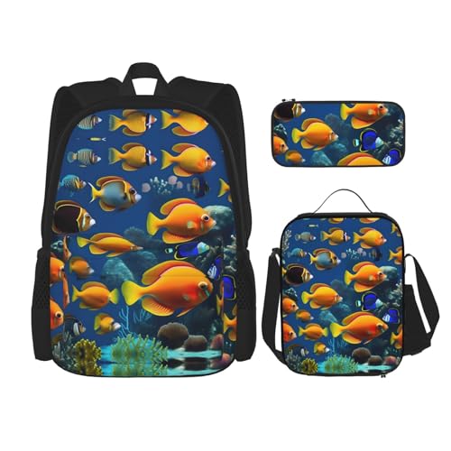 YANDM The Underwater World Rucksack mit tropischen Fischen, 3-teiliges Set, Reisen, Wandern, leicht, Laptop-Federmäppchen, isolierte Lunchtasche für Damen, The Underwater World Tropical Fish, von YANDM