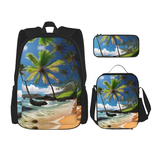 YANDM Tropische Palme, Hawaii-Strandrucksack, 3-teiliges Set, Reisen, Wandern, leicht, Laptop-Federmäppchen, isolierte Lunchtasche für Damen, Tropische Palme Hawaii Strand, Einheitsgröße von YANDM