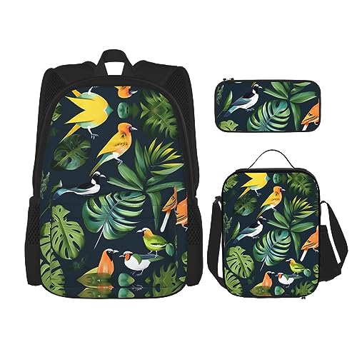 YANDM Tropische Palme, Hawaii-Strandrucksack, 3-teiliges Set, Reisen, Wandern, leicht, Laptop-Federmäppchen, isolierte Lunchtasche für Damen, Tropische Vögel Pflanzenblatt, Einheitsgröße von YANDM