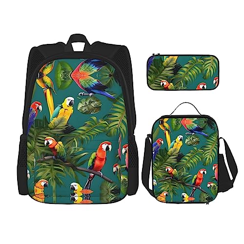 YANDM Twister Rucksack mit Punkten, 3-teiliges Set, Reisen, Wandern, leicht, Laptop-Federmäppchen, isolierte Lunchtasche für Damen, Tropische Pflanzen und Papageien, Einheitsgröße von YANDM