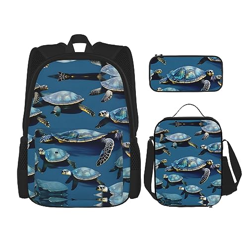 YANDM Viele Meeresschildkröten-Rucksack, 3-teiliges Set, Reisen, Wandern, leicht, Laptop-Federmäppchen, isolierte Lunchtasche für Damen, Viele Meeresschildkröten, blau, Einheitsgröße von YANDM