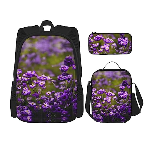 YANDM Viele Meeresschildkröten-Rucksack, 3-teiliges Set, Reisen, Wandern, leicht, Laptop-Federmäppchen, isolierte Lunchtasche für Damen, Viele lila Blumen, Einheitsgröße von YANDM