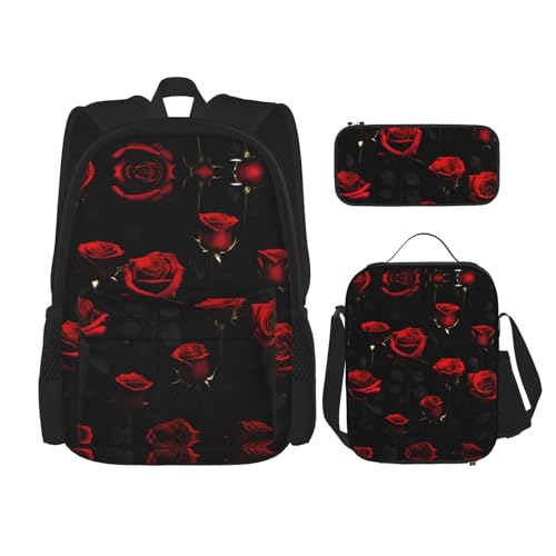 YANDM Viele Meeresschildkröten-Rucksack, 3-teiliges Set, Reisen, Wandern, leicht, Laptop-Federmäppchen, isolierte Lunchtasche für Damen, Viele rote Rosen und schwarzer Hintergrund, Einheitsgröße von YANDM