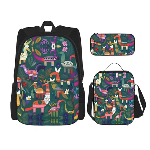 YANDM Viele blaue Rosen Rucksack, 3-teiliges Set, Reisen, Wandern, leicht, Laptop-Federmäppchen, isolierte Lunchtasche für Damen, Mexikanisches Otomi-Tier, Einheitsgröße von YANDM