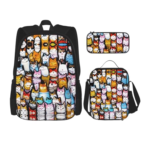 YANDM Viele coole Retro-Rucksack mit Totenkopf-Grafiken, 3-teiliges Set, Reisen, Wandern, leicht, Laptop-Federmäppchen, isolierte Lunchtasche für Damen, Viele Cartoon-Katzen, Einheitsgröße von YANDM