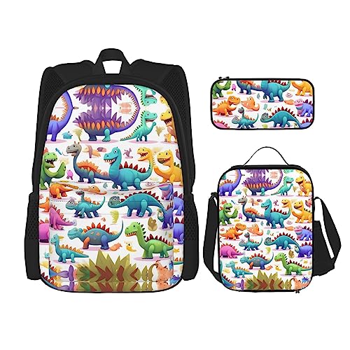 YANDM Viele coole Retro-Rucksack mit Totenkopf-Grafiken, 3-teiliges Set, Reisen, Wandern, leicht, Laptop-Federmäppchen, isolierte Lunchtasche für Damen, Viele bunte Cartoon-Dinosaurier, Einheitsgröße von YANDM