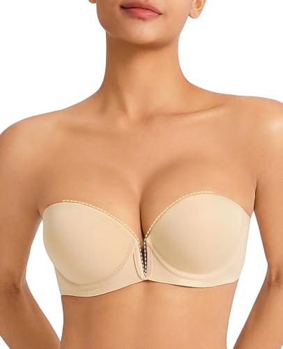 Trägerloser BH Push Up Anti Rutsch Tief V Plunge BHS for Damen trägerlos Super Gepolstert Add 2 Cup Bustier with bügel Nude,34D von YANDW