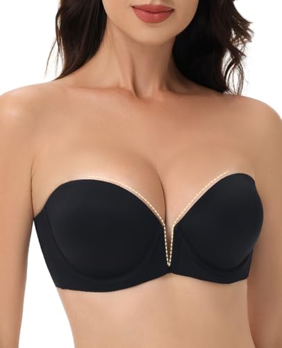 Trägerloser BH Push Up Anti Rutsch Tief V Plunge BHS for Damen trägerlos Super Gepolstert Add 2 Cup Bustier with bügel Schwarz,32B von YANDW
